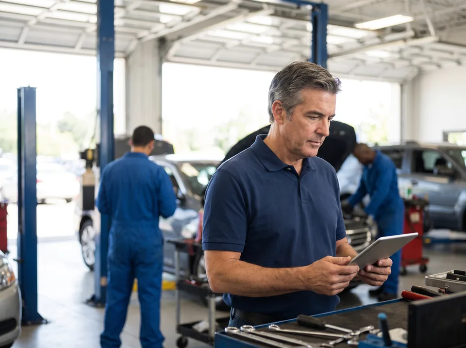 Car dealership service manager reviewing job applicants on a tablet in the service bay