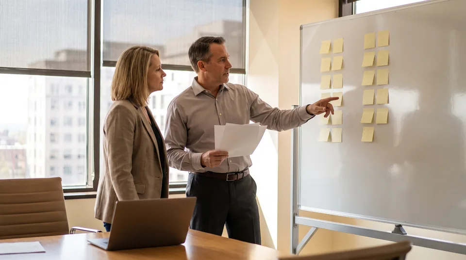 Recruiting operations team comparing two applicant tracking system quotes at a whiteboard